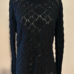 ALFRED SUNG Black Open-Knit Crewneck Sweater